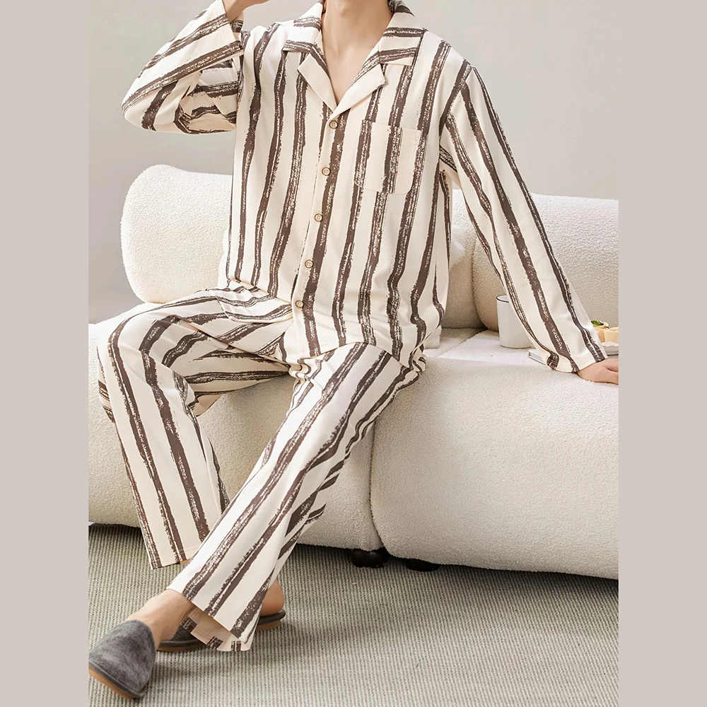 Men's Long Sleeve Pajama Set Casual Knit Polyester Spring Autumn Fashion Unisex Pyjamas 2-piece Men's Set