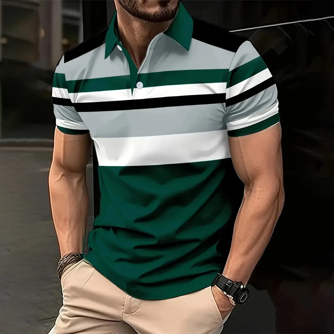 A Striped Polo Shirt for Gentlemen Polyester Printed Lapel T-shirt Tops Summer Polo for Men's Designed Men's Clothing